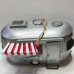 Silver Camper Trailer Ornament with Red & White Awning